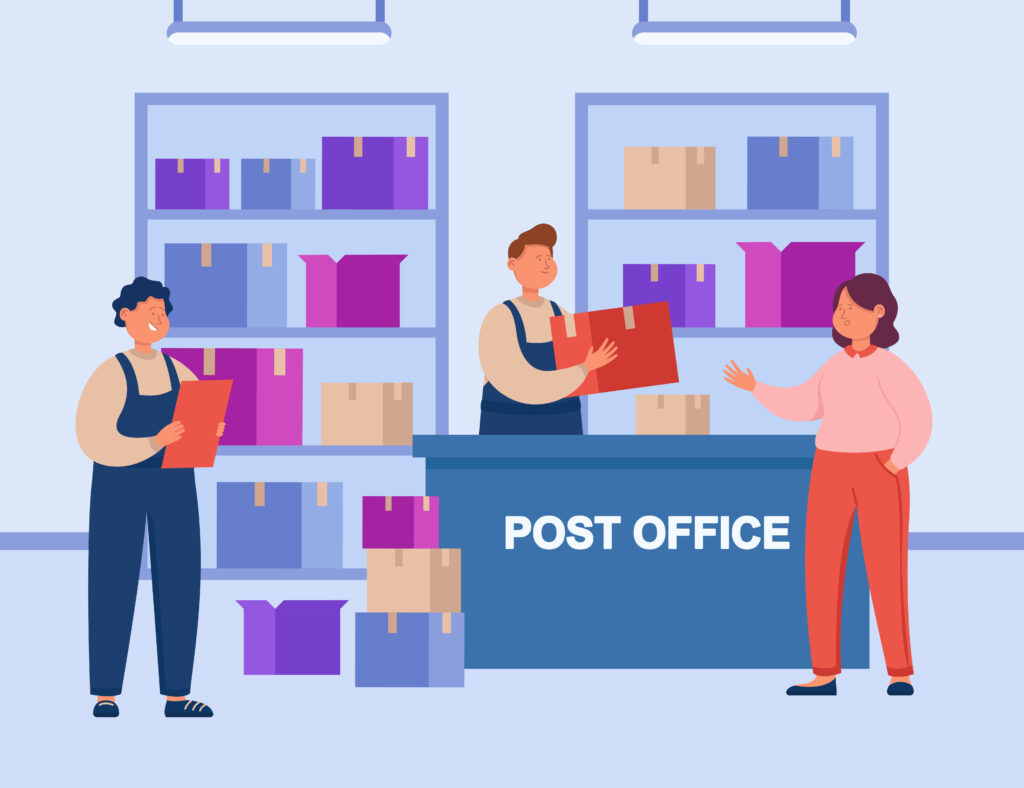 Illustration of a postal worker helping a customer with a parcel